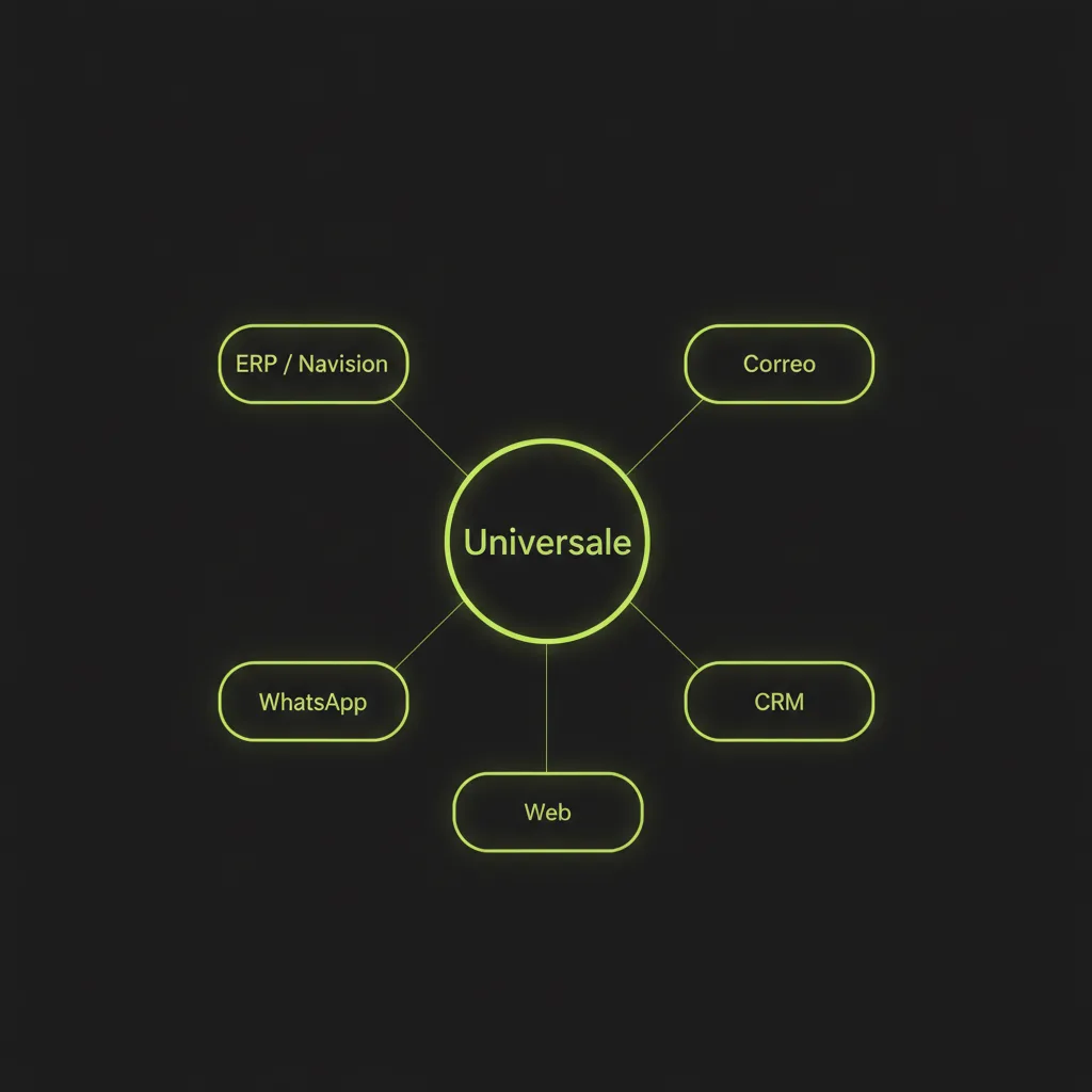 Diagrama: Universale como nexo entre ERP, correo, WhatsApp, CRM y web